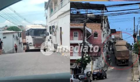 VEJA VÍDEO: Carreta ignora sinalização, fica presa em ladeira e bloqueia via no Santo Antônio