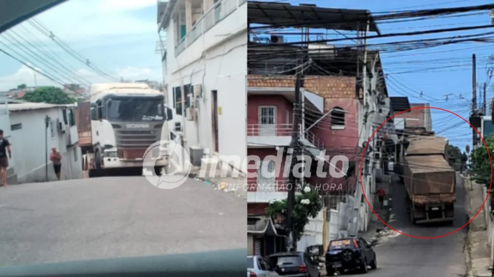 VEJA VÍDEO: Carreta ignora sinalização, fica presa em ladeira e bloqueia via no Santo Antônio