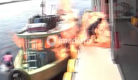 VEJA VÍDEO: Homem corre entre chamas e mulher pula em rio após explosão de barco em posto flutuante no Amazonas