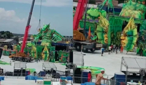 VEJA: Trabalhador cai de guindaste durante montagem de alegoria no Cirandódromo de Manacapuru