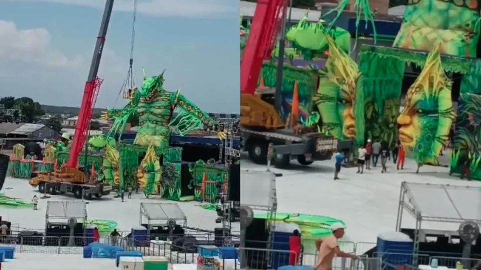 VEJA: Trabalhador cai de guindaste durante montagem de alegoria no Cirandódromo de Manacapuru
