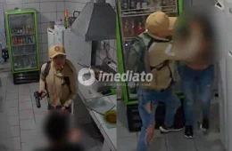 VEJA VÍDEO: Bandido espanca funcionária de drive-in com socos e coronhadas durante tentativa de assalto