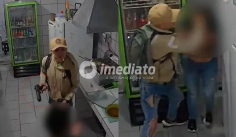 VEJA VÍDEO: Bandido espanca funcionária de drive-in com socos e coronhadas durante tentativa de assalto