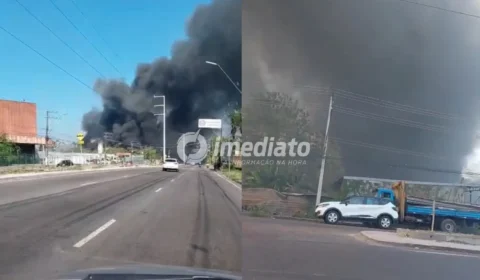 VEJA VÍDEOS: Incêndio de grandes proporções assusta moradores próximo a supermercado no bairro Armando Mendes