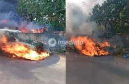 Veja: Incêndio de grandes proporções destrói barraco, carro e atinge área de vegetação no bairro Flores, em Manaus