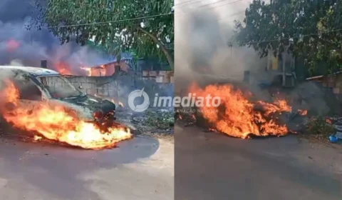 Veja: Incêndio de grandes proporções destrói barraco, carro e atinge área de vegetação no bairro Flores, em Manaus