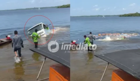 VEJA VÍDEO: Caminhão carregado com bebidas cai no rio Maués-Açu após perder o controle em porto no Amazonas