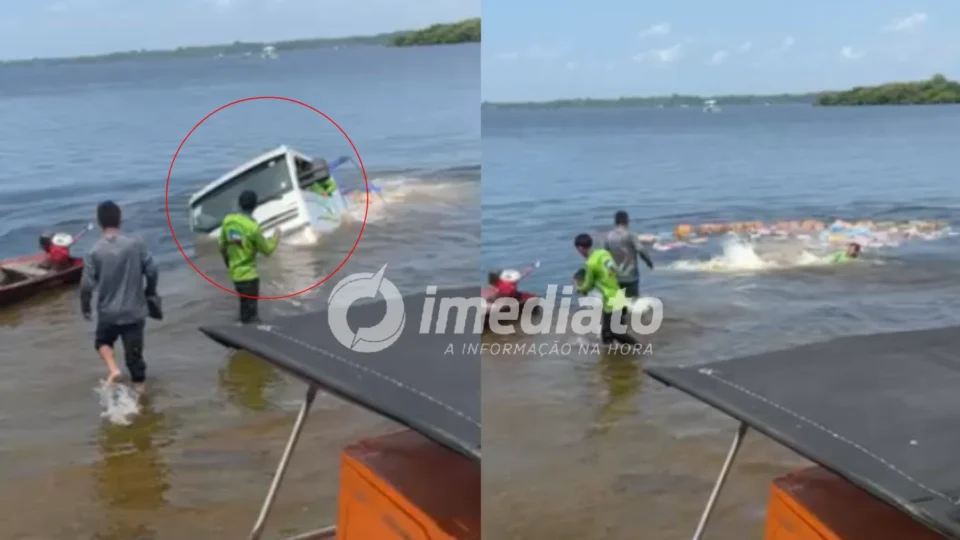 VEJA VÍDEO: Caminhão carregado com bebidas cai no rio Maués-Açu após perder o controle em porto no Amazonas