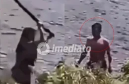 VEJA VÍDEO: Mulher reage com pedaço de pau após ser agredida pelo companheiro durante banho de rio no AM