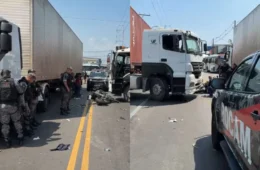 VEJA VÍDEO: Policial da Rocam fica ferido após bater em carreta e ser lançado contra outro veículo no Distrito Industrial