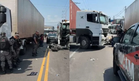 VEJA VÍDEO: Policial da Rocam fica ferido após bater em carreta e ser lançado contra outro veículo no Distrito Industrial