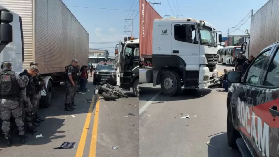 VEJA VÍDEO: Policial da Rocam fica ferido após bater em carreta e ser lançado contra outro veículo no Distrito Industrial