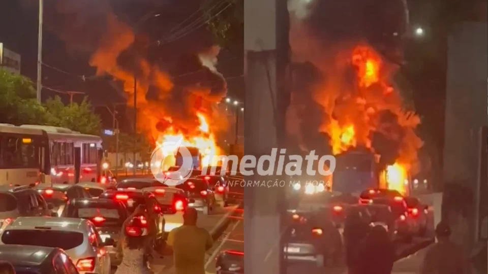 VEJA VÍDEOS: Ônibus da linha 500 pega fogo e assusta passageiros na Avenida Constantino Nery