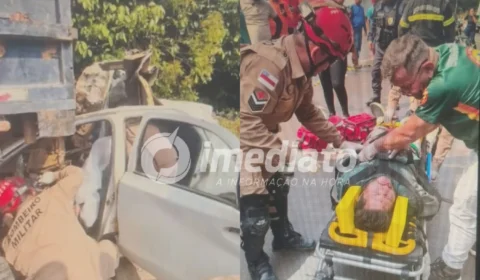 VEJA VÍDEO: Colisão entre carreta e carro na AM-070 deixa motorista ferido e veículo completamente destruído