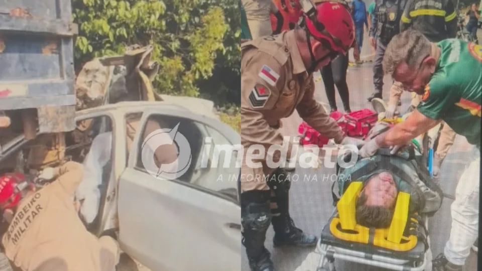 VEJA VÍDEO: Colisão entre carreta e carro na AM-070 deixa motorista ferido e veículo completamente destruído