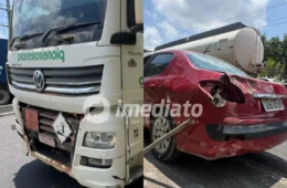 VEJA FOTOS: Carro fica destruído após ser atingido por caminhão e capotar na Avenida Rodrigo Otávio