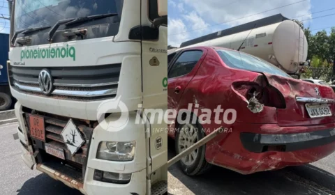 VEJA FOTOS: Carro fica destruído após ser atingido por caminhão e capotar na Avenida Rodrigo Otávio