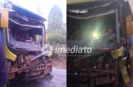 VEJA VÍDEO: Motorista fica preso às ferragens após ônibus bater violentamente contra carreta na BR-174