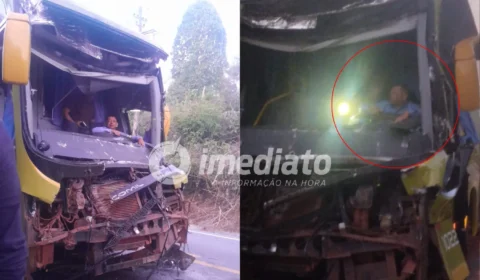 VEJA VÍDEO: Motorista fica preso às ferragens após ônibus bater violentamente contra carreta na BR-174