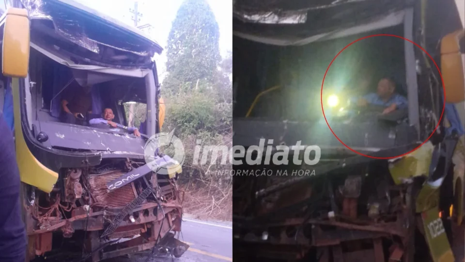 VEJA VÍDEO: Motorista fica preso às ferragens após ônibus bater violentamente contra carreta na BR-174