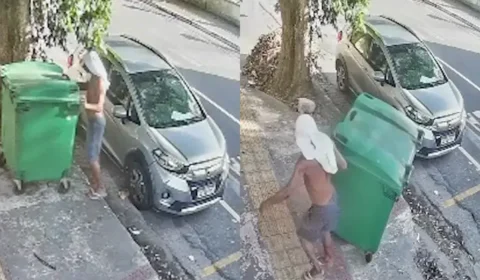 Câmera flagra homem furtando contêiner de lixo em avenida movimentada de Belém; VEJA O VÍDEO