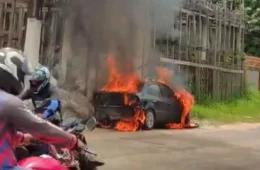 Carro pega fogo após gerador explodir e cair sobre veículo em distrito de Belém