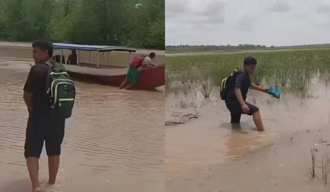 SEM CAMINHO: estudantes empurram barcos na lama para conseguir ir à escola no Bailique