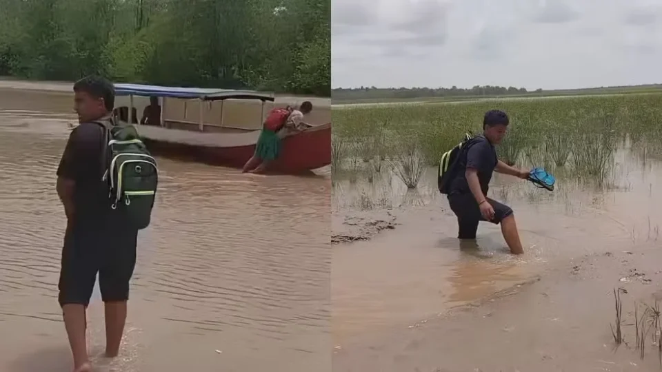 SEM CAMINHO: estudantes empurram barcos na lama para conseguir ir à escola no Bailique