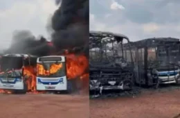 VEJA O VIDEO; Incêndio destrói ônibus em garagem de frigorífico