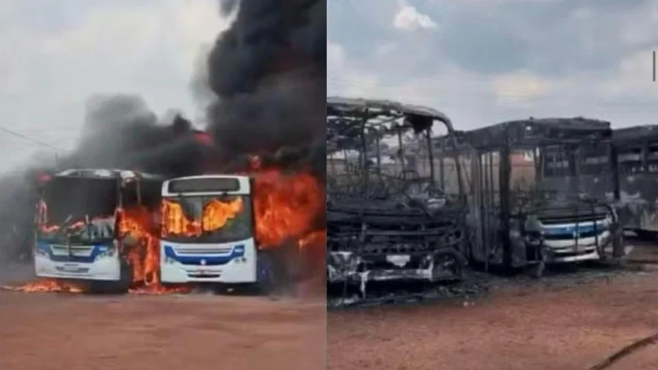 VEJA O VIDEO; Incêndio destrói ônibus em garagem de frigorífico