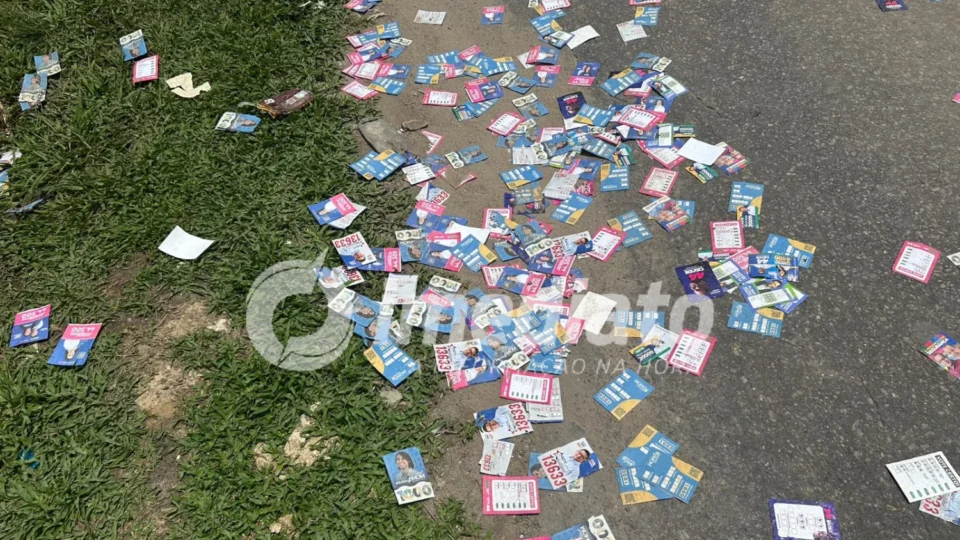 DENÚNCIA: Santinhos tomam rua em frente a escola eleitoral na zona rural de Manaus