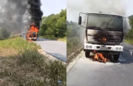 VEJA VÍDEO: Caminhão-tanque pega fogo e incêndio atinge vegetação na AM-010
