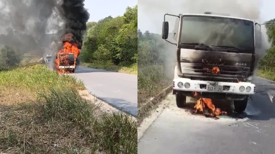 VEJA VÍDEO: Caminhão-tanque pega fogo e incêndio atinge vegetação na AM-010