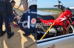Acidente na ponte do Madeira: pneu estoura e motociclista fica ferido