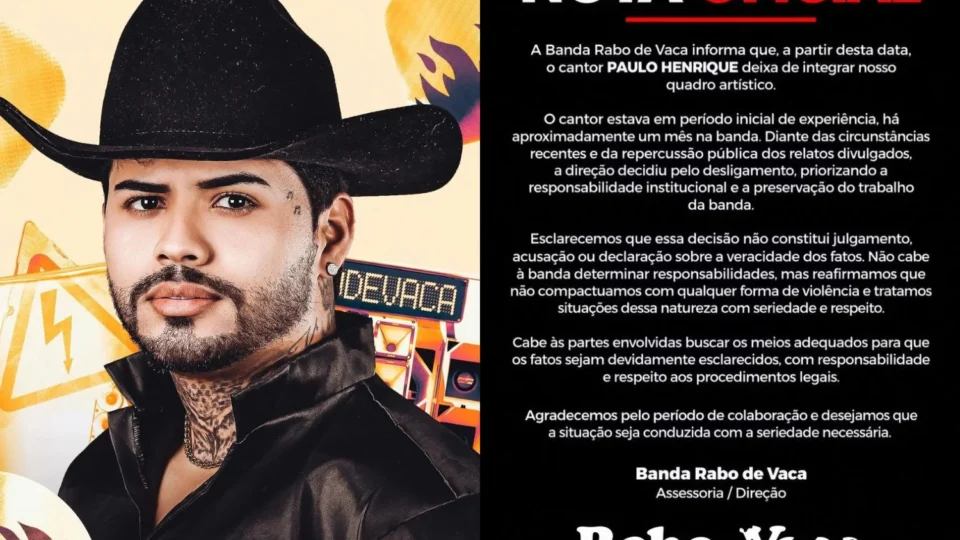Vocalista do Rabo de Vaca é desligado após denúncia de agressão contra ex-namorada