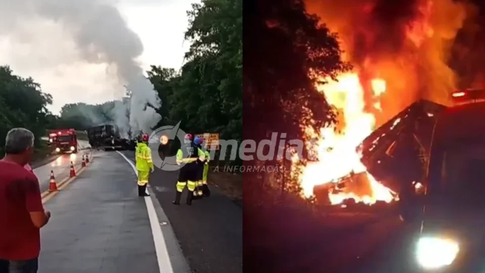 VEJA O VÍDEO: Colisão entre caminhões termina em incêndio e deixa um morto na BR-364